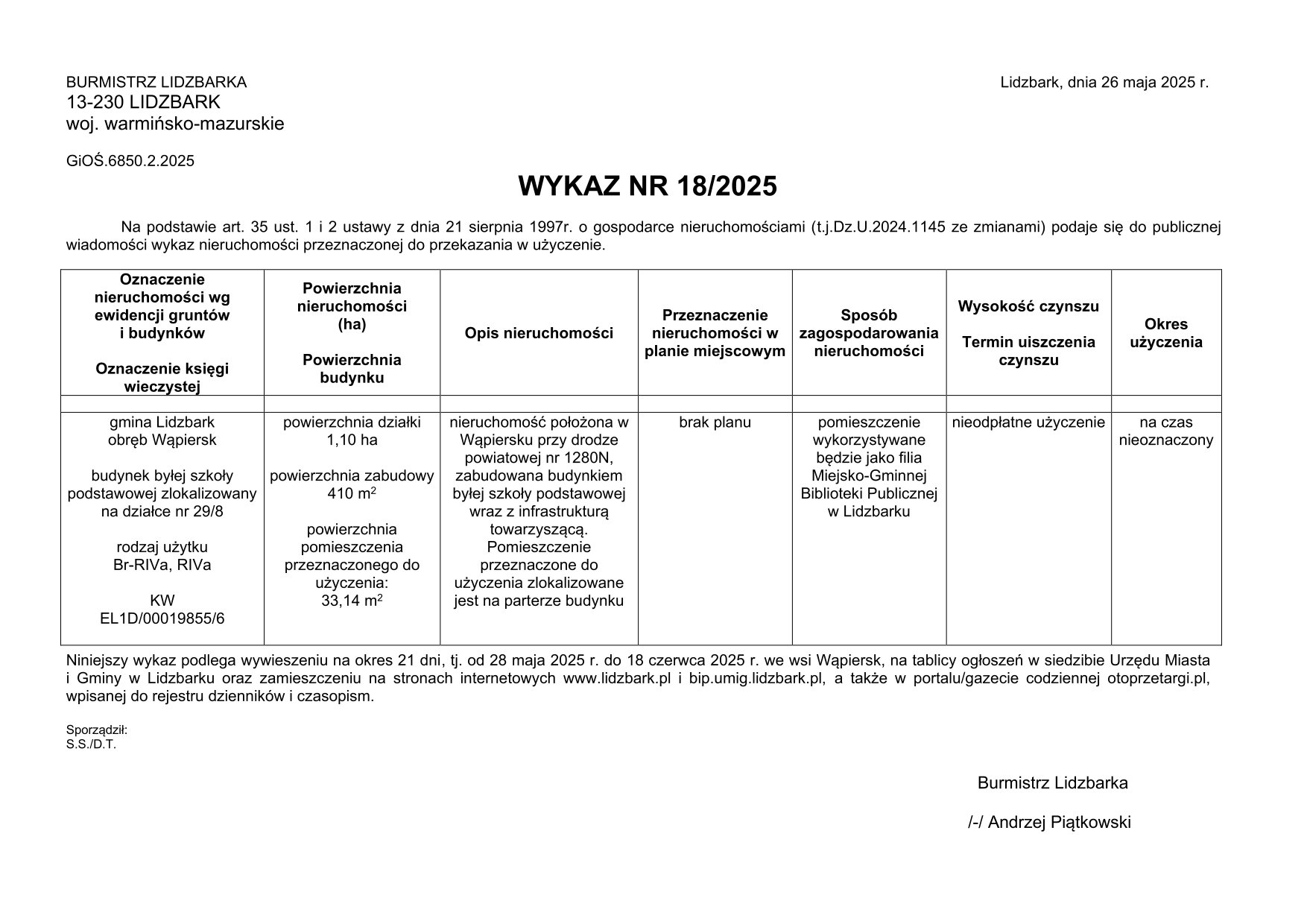 Wykaz Nr 18/2025 - Nieruchomość zabudowana do użyczenia- obr. Wąpiersk dz. nr 29/8